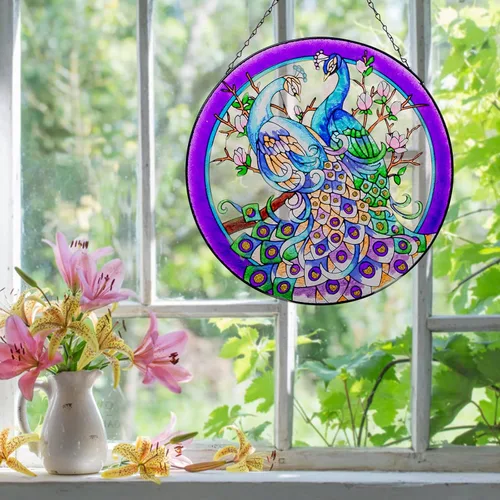 Miniatura 2 de Colgantes de ventana de cristal de pavo real de 11.8 pulgadas, decoración artística de pared de pavo real, panel atrapasoles con cadena (morado)