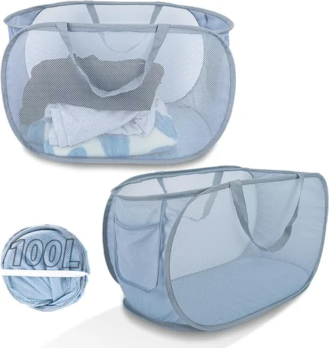 Miniatura 14 de Cesta de lavandería desplegable de malla extra grande de 100 litros con tapa y asas, paquete de 2, cesta de ropa sucia plegable XL