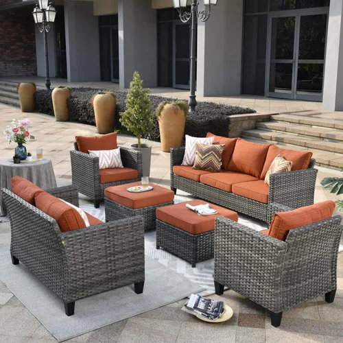 Miniatura 24 de ovios Juego de muebles de patio de 6 piezas, sillas giratorias de mimbre para exteriores con mesa para fogatas de 30 pulgadas, juego de mecedoras