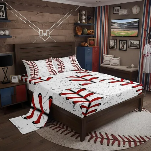 Miniatura 12 de Erosebridal Juego de sábanas de béisbol para niños, tamaño individual, sábanas de llama azul y roja para adolescentes, juego de ropa de cama