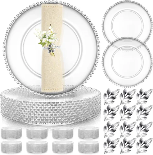 Miniatura 10 de Bokon Juego de 50 platos de carga transparentes a granel de 13 pulgadas con cuentas de plástico con servilleteros, platos decorativos redondos