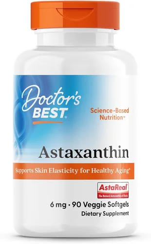 Doctor's Best Suplemento vegano de astaxantina de 6 mg – Elasticidad de la piel y apoyo antioxidante para hombres y mujeres, extracto de microalgas