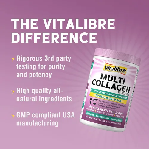 Miniatura 4 de Polvo de péptidos de colágeno múltiple tipo I II III V X, proteína de colágeno hidrolizada para mujeres y hombres y vitamina B12 sublingual 5000
