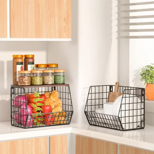 Miniatura 4 de Wawocs Tazón de frutas de 2 niveles, cesta de frutas para encimera de cocina, cesta apilable, cesta colgante montada en la pared, cestas de alambre