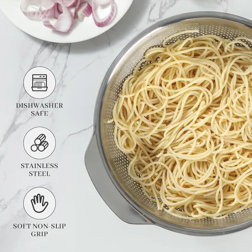 Miniatura 3 de Colador de Micropozos de Acero Inoxidable 18/8, Gran Capacidad de 2.5 Cuartos con Mango, Cesta Coladora de Alimentos de Cocina para Lavar Verduras