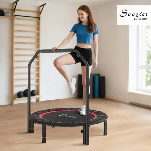 Miniatura 2 de Soozier Trampolín Rebounder para adultos, mini trampolín plegable con barra de mango ajustable, silencioso y seguro Bungee Rebounder Saltar Rojo