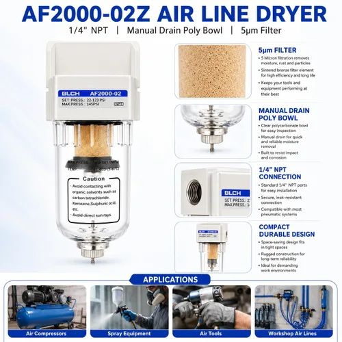 Miniatura 8 de BLCH Secador de Línea de Aire de 1/4" NPT - Secador de Aire para Compresor, Sistema de Secado de Aire Comprimido AF2000-02Z con Drenaje Manual