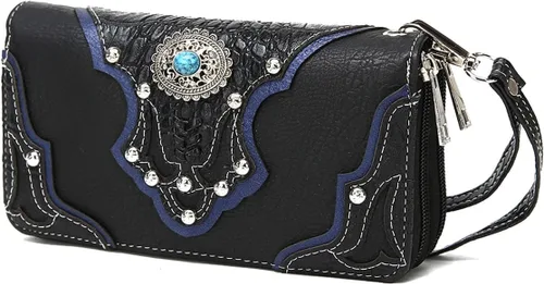 Miniatura 2 de Conchos tachonado cocodrilo corte láser vaquera Western monedero mujer cartera cartera, Negro