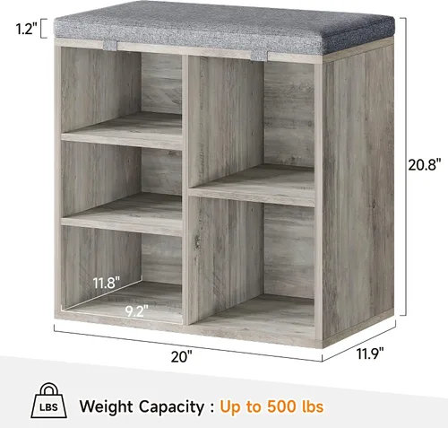 Miniatura 3 de coucheta Banco de almacenamiento de zapatos con cojín, armario de zapatos con asiento de cubo, banco pequeño con estante ajustable de 3 niveles