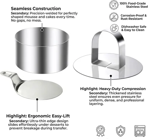Miniatura 3 de DATANYA Cake Ring Molds 4 Inch Stainless Steel Round Food Ring Dessert Mousse Cooking Ring Molds with Pushers & Lifter for Pastry Crumpet Baking
