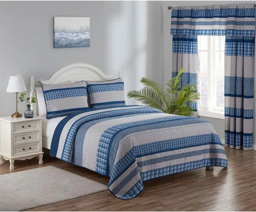 Miniatura 2 de Legacy Decor Colcha reversible de 3 piezas, diseño de retazos azules y blancos, microfibra ultra suave, tamaño individual
