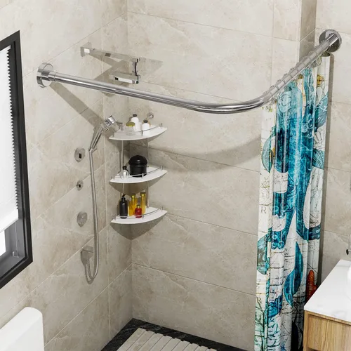 Barra extensible de cortina de ducha en esquina de bañera en forma de L de acero inoxidable 304, instalación sin taladro, para baño, tienda de ropa,