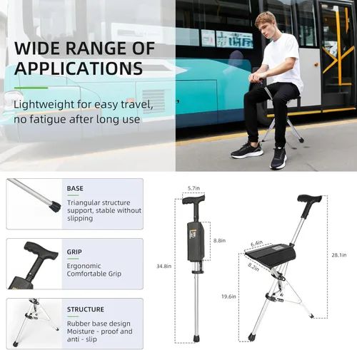 Miniatura 7 de Bastón plegable con asiento para personas mayores, automático, ligero, portátil, al por mayor, antideslizante, de aluminio, plegable