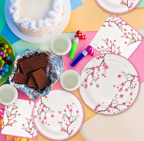 Miniatura 7 de Gift Boutique Juego de 96 piezas de suministros de fiesta de flor de cerezo rosa, plato de papel, vaso, servilleta, flores florales de primavera