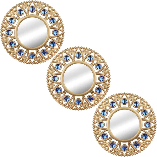 Miniatura 2 de DXYAKY Juego de 3 espejos decorativos redondos dorados para pared, espejos con marco de plástico ligero con detalles de cristal azul, decoración