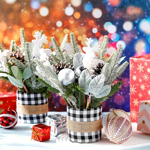 Miniatura 3 de 2 piezas de centro de mesa de Navidad a cuadros de búfalo árbol de mesa de Navidad, mini decoración artificial de mesa, centro de mesa pequeño