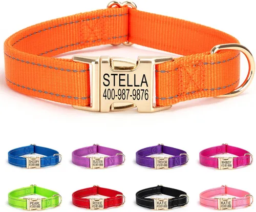 Miniatura 8 de Collar de perro personalizado con etiqueta de nombre, collar de nailon reflectante para mascotas, collares de perro con hebilla grabada Rosa