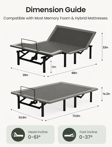 Miniatura 2 de Mixcous Base de cama ajustable de tamaño matrimonial con puertos USB, base de cama eléctrica con control remoto inalámbrico, diseño plegable de 3
