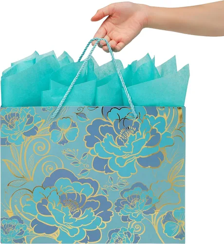 Miniatura 6 de Juego de Bolsa de Regalo Grande Rosa Verde de 13" con Tarjeta de Felicitación y Papel de Seda (Flores con Trazado de Papel Aluminio) para Celebrar