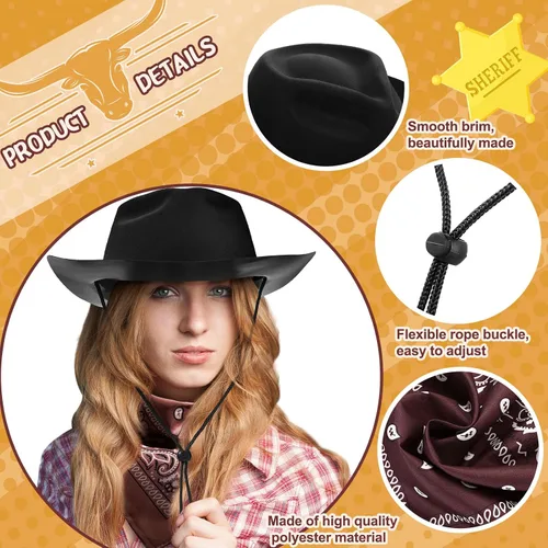 Miniatura 3 de Hillban Paquete de 48 sombreros de vaquero y bandanas, sombreros de vaquero de plástico de fieltro para mujeres y hombres, suministros de fiesta