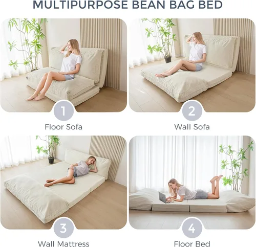 Miniatura 6 de MAXYOYO - Sofá cama puff plegable para adultos, sofá de suelo extragrueso y largo con funda lavable de tela trenzada, beige, 54 x 95 pulgadas