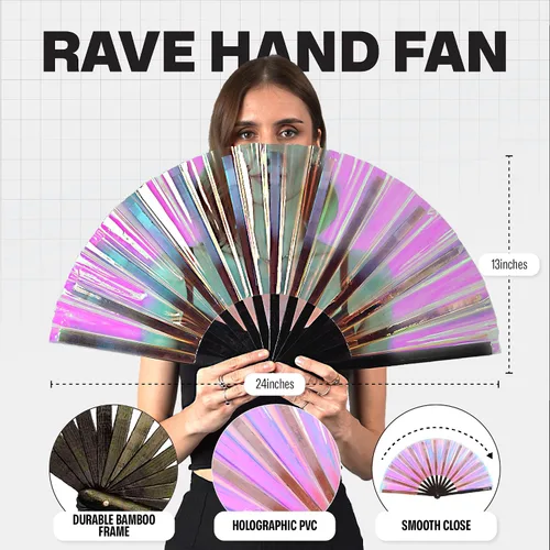 Miniatura 26 de SoJourner Bags Rave Fan – Ventilador plegable grande – Ventilador de mano Clack para raves, Halloween, Burlesque, trajes de arcoíris para mujeres