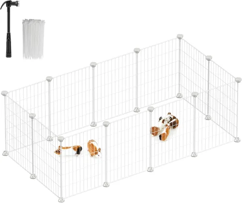 SONGMICS Corralito para mascotas, jaula de animales pequeños, valla para mascotas con bridas para cables, recinto de metal para conejillos de Blanco