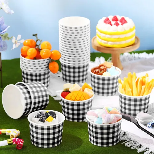 Miniatura 2 de Sieral Paquete de 50 tazas de papel de helado de guingán de 9 onzas, cuencos desechables de picnic, postre de búfalo a cuadros, cuenco de papel a