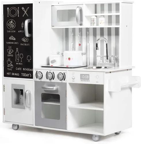 Miniatura 10 de HONEY JOY Juego de cocina para niños de 39 pulgadas, juego de cocina grande de madera con pizarrón, teléfono, utensilios, horno, microondas