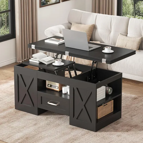 Miniatura 8 de Saudism Mesa auxiliar elevable de 40 pulgadas, mesas auxiliares multifunción 4 en 1 con cajones de almacenamiento y compartimentos ocultos, mesa