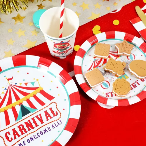 Miniatura 6 de Suministros de fiesta para Carnaval Decoraciones, juego de platos y servilletas de papel con temática de circo para cumpleaños con tazas y pajitas