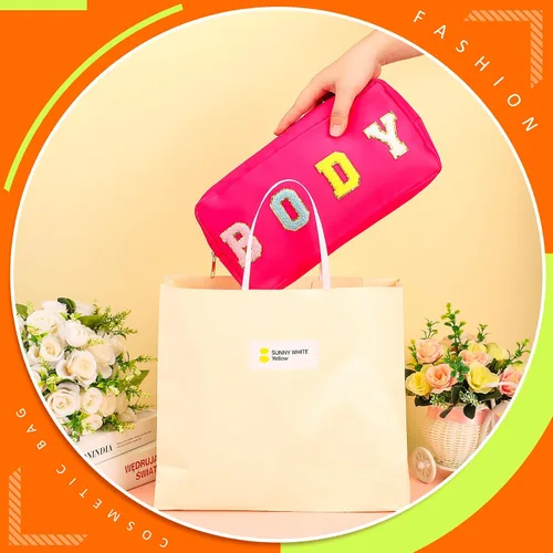 Miniatura 4 de Pinkunn 4 bolsas de maquillaje de chenilla con parche de letras de chenilla, bolsa de cosméticos para viajes de verano, playa, sol, bolsa