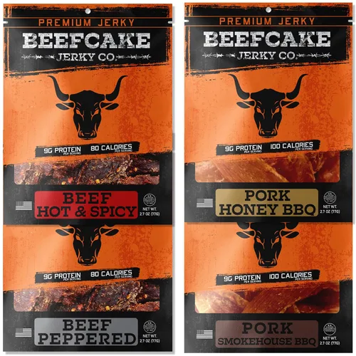 Miniatura 10 de BeefCake Jerky Paquete Clásico de Cecina de Res, Incluye Cecina de Res Sabor Tradicional Pimienta y Original, 9 Gramos de Proteína y 100 Calorías