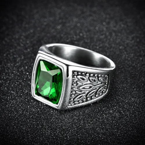 Miniatura 3 de Anillo grueso Masop de acero inoxidable con una esmeralda cuadrada