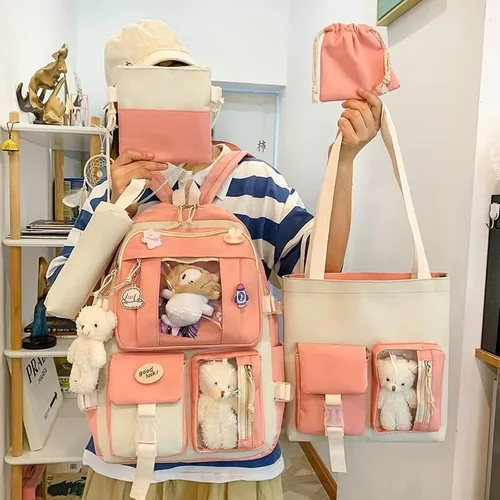 Miniatura 2 de Mochila de viaje para mujer, 5 unidades, diseño de oso con diseño de dibujos animados, alfileres de alta capacidad, ligero, kawaii, preppy, mochila