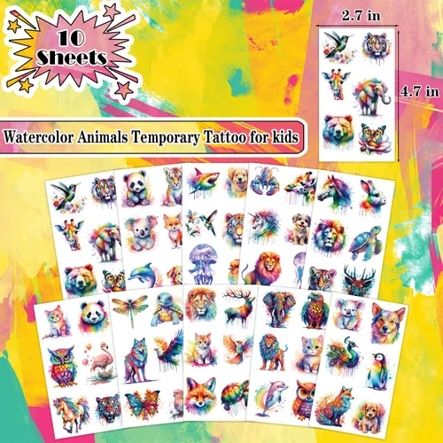 Miniatura 2 de UVUXO Tatuaje temporal de animales de acuarela para niños, 60 estilos temporales para niñas, niños, cuerpo, brazo, hombro, tatuajes, calcomanías