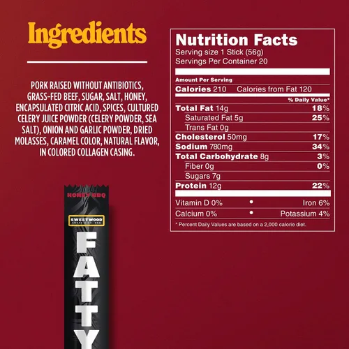 Miniatura 2 de FATTY Palitos de carne, hechos con carne de res alimentada con pasto, cerdo criado sin antibióticos, 11g de proteína por palillo, Honey BBQ, relleno