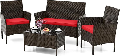 Miniatura 12 de HAPPYGRILL Juego de 4 muebles de mimbre para exteriores, juego de muebles de mimbre para patio con sillas de dos plazas y mesa de café de vidrio