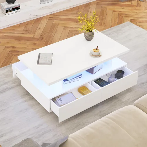 Miniatura 4 de MHOM Mesa de centro LED de 41.3 pulgadas, moderna mesa de sala de estar de alto brillo con 4 cajones, elegante mesa central para sala de estar, Negro