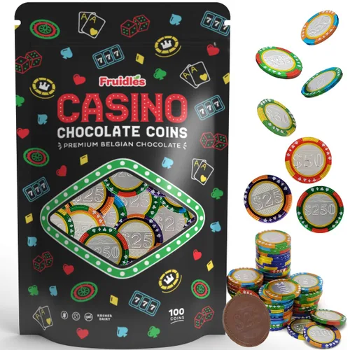 Fichas de póker de casino Fruidles, monedas de chocolate con leche belga, productos lácteos certificados Kosher, sin OGM (paquete de 100)