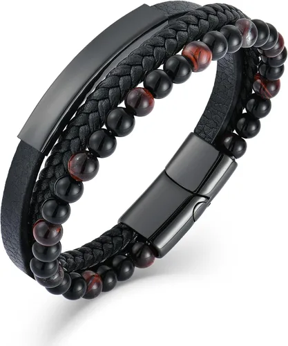 Pulsera de cuentas de piedra volcánica de piedra volcánica de ónix negro y ojo de tigre mate para hombre, pulsera de cuero trenzado negro para hombre