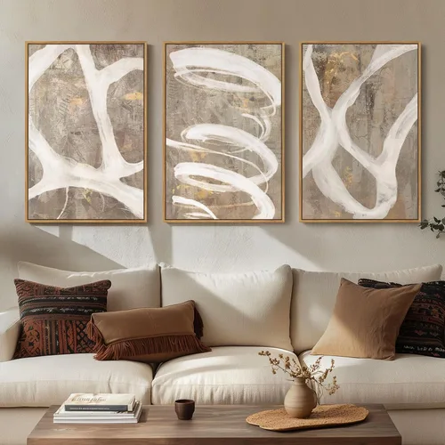 Miniatura 15 de Arte de pared abstracto neutro con marco grande para sala de estar, 3 piezas, impresiones modernas en lienzo para paredes, cuadros negros y beige