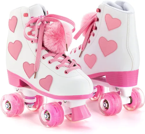 Miniatura 3 de Ruthfot Patines clásicos para mujeres y niñas con ruedas iluminadas y patrón de corazón de amor, patines de cuero PU de caña alta.. Blanco