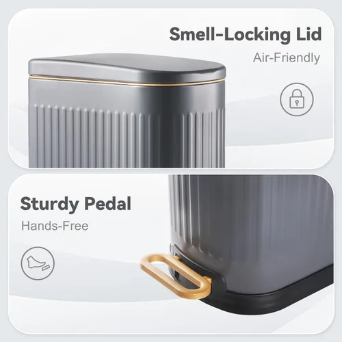 Miniatura 6 de SYNCVIBE Cubo de basura delgado para baño con tapa de cierre suave, cubo de basura de acero inoxidable con pedal, cubo de basura con cubo