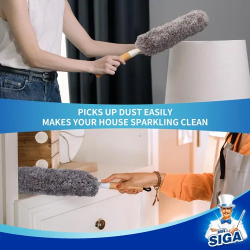 Miniatura 4 de MR.SIGA Plumero de microfibra sin pelusas, lavable y reutilizable, con mango de bambú y cabezal reemplazable, plumero para limpieza del hogar