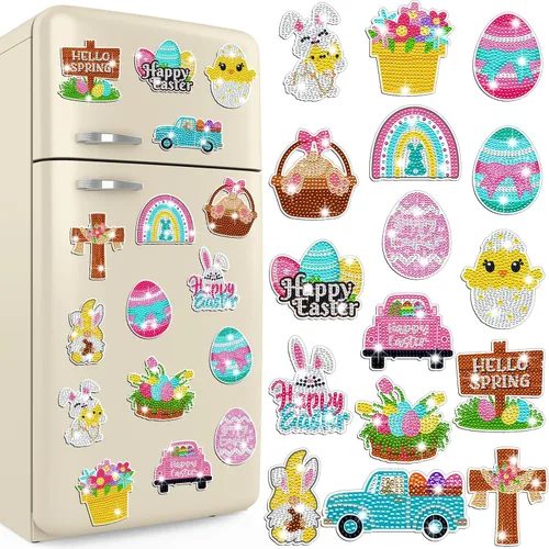 Umigy 16 piezas de imanes de arte de diamante de Pascua para refrigerador, imanes de pintura de diamante de primavera, huevos DIY, gnomo, camión,