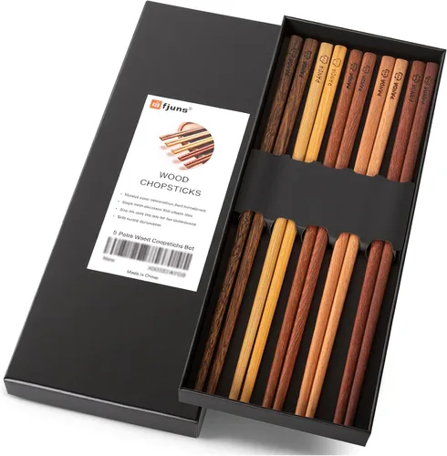 MFJUNS Juego de 5 pares de palillos de madera, palillos reutilizables grabados con panda, palillos de palisandro/wengué/haya/madera de hierro, sin