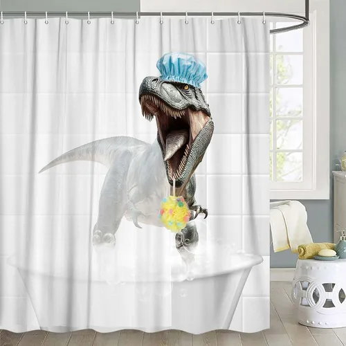 Divertidas cortinas de ducha de tela de dinosaurio, cortina de ducha con diseño de animales Raptor, tiranosaurio Rex, cortina de ducha blanca