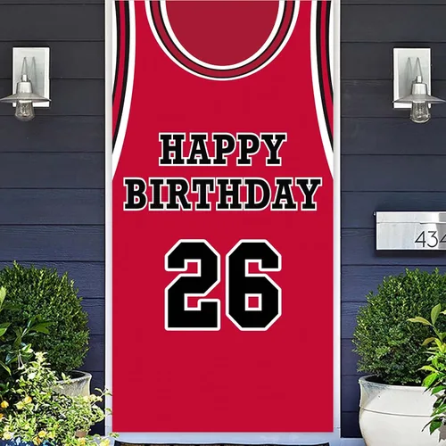 Miniatura 12 de Cartel de feliz cumpleaños 10 pancarta de fondo rojo de baloncesto estrella jugador de deportes decoración para hombre niño 10 cumpleaños