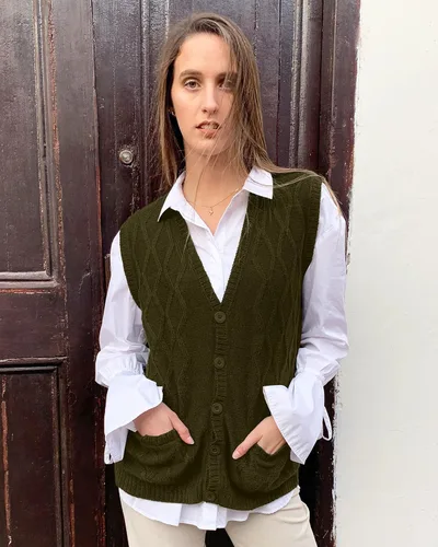 Miniatura 4 de TINKUY Chaleco peruano de lana de alpaca con cuello en V y rombos para mujer, S-4XL